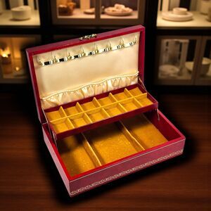 Vintage Mele Red Jewelry Box 2 Tier Gold Trim Satin Interior 12.25x8x3.5 Hooks
